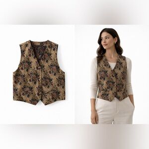 Vintage Floral Tapestry Vest Lemon Grass L Cottagecore Dark Academia 90s Boho